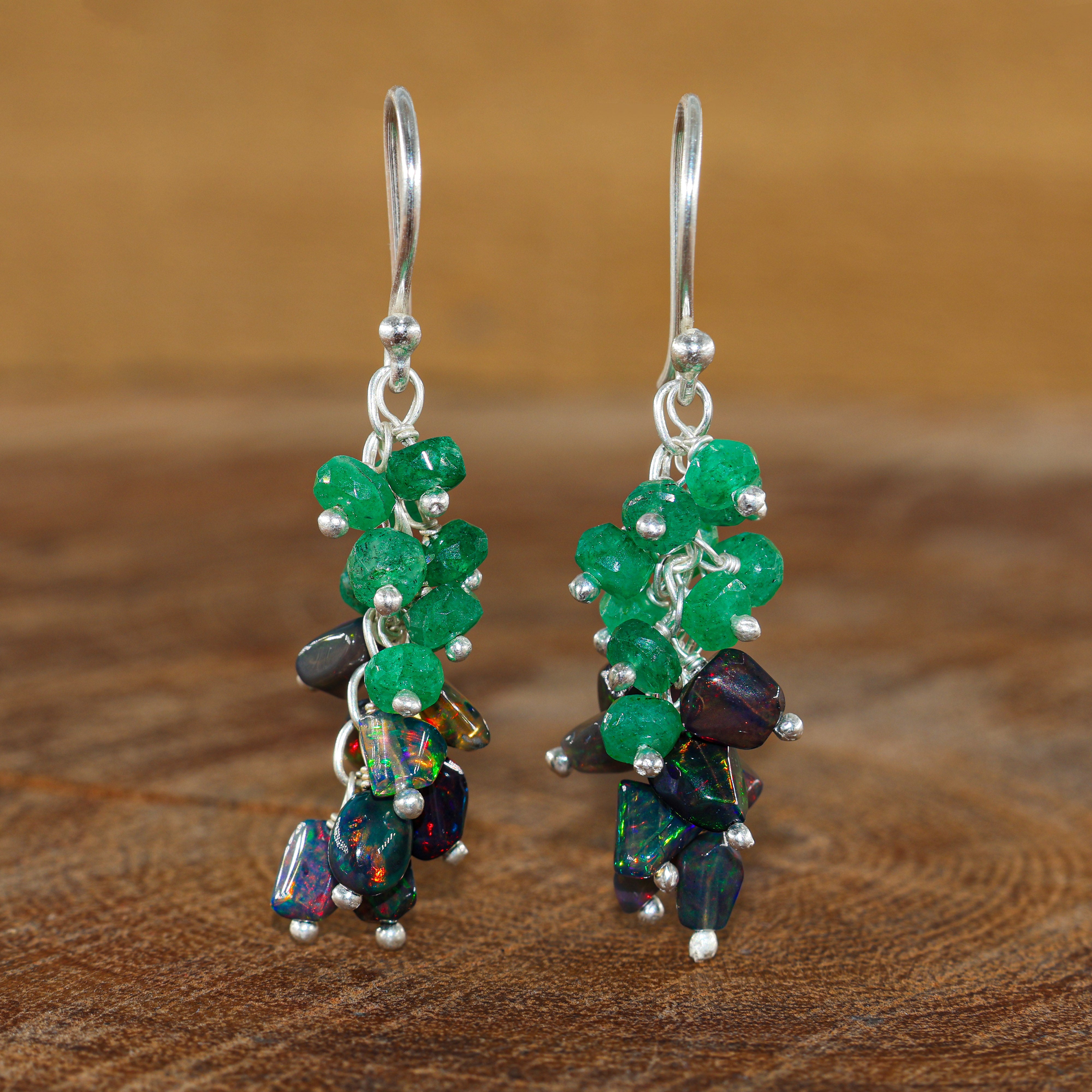 Emerald and Black Opal Beads Cluster Earring