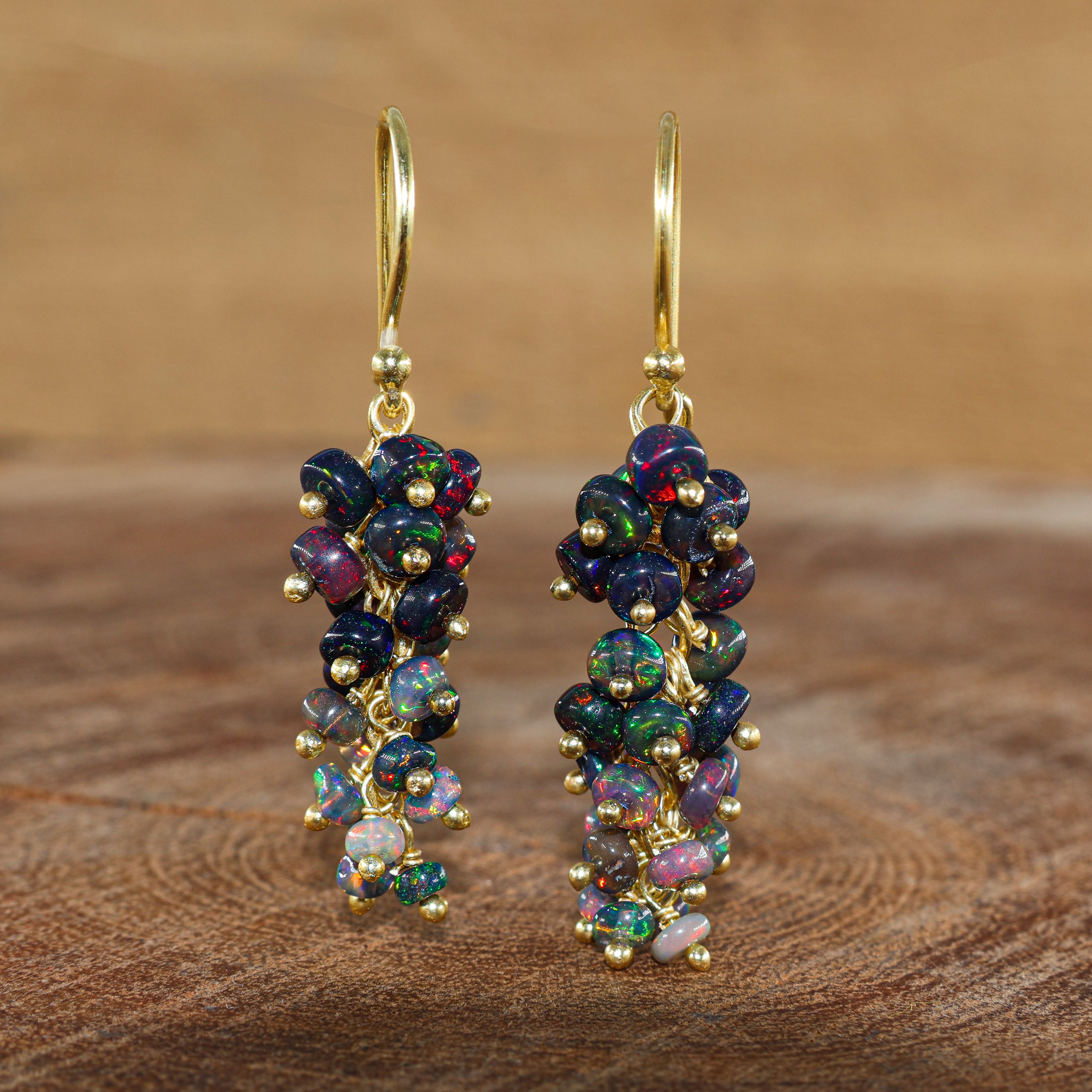 Fire Black Opal Beads Cluster Earring