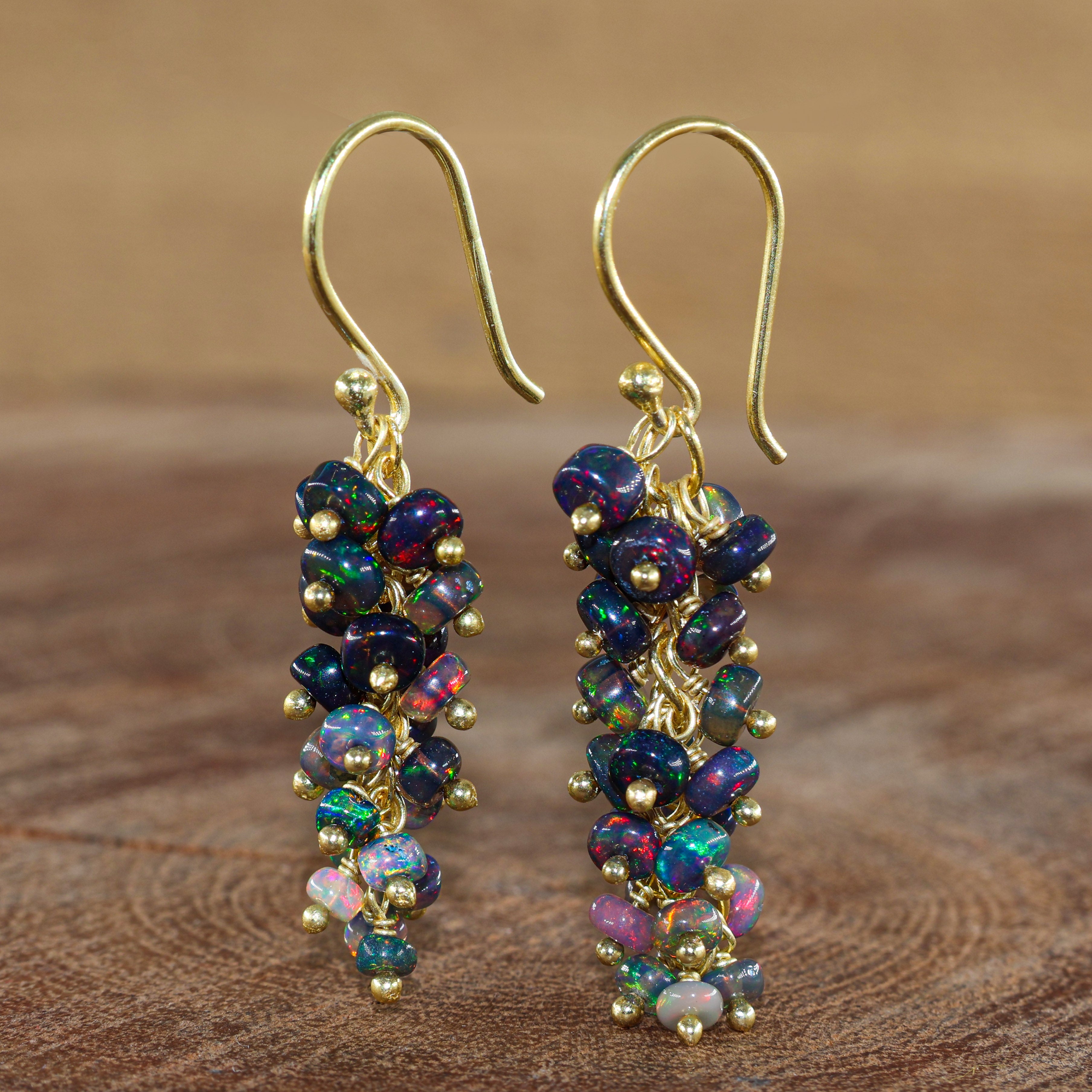 Fire Black Opal Beads Cluster Earring