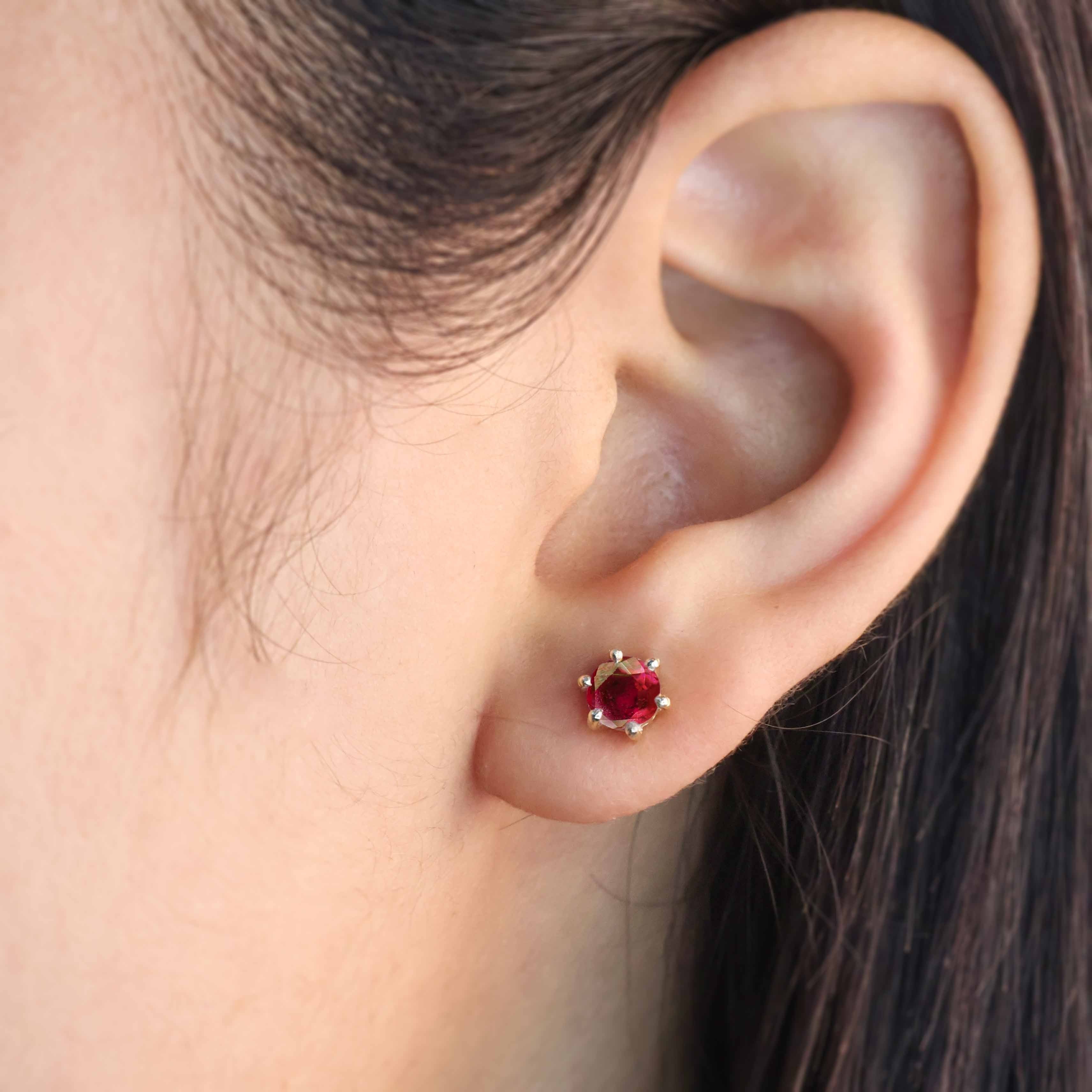 Round Red Ruby Gemstone Simple Stud Earring