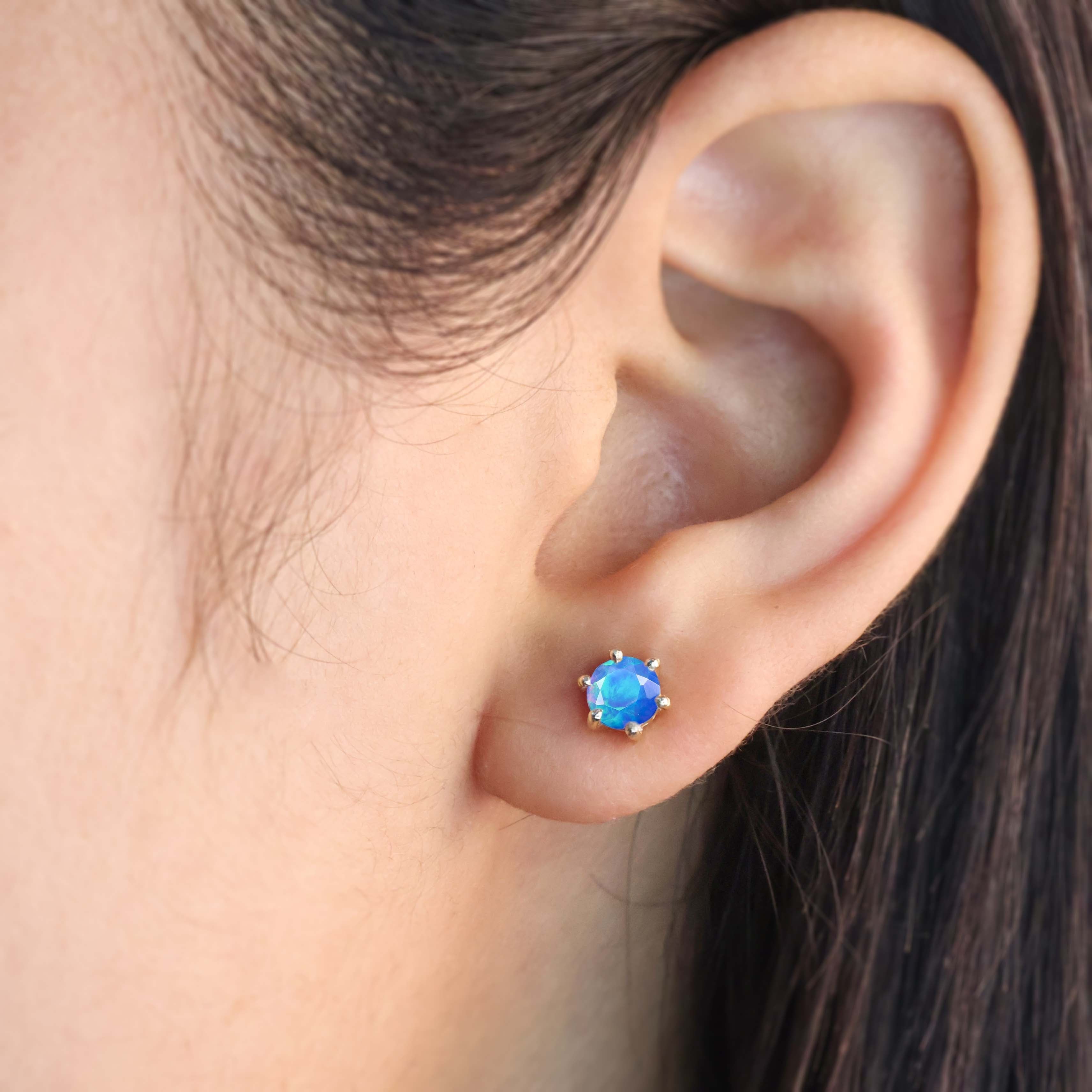 Round Blue Opal Gemstone Simple Stud Earring