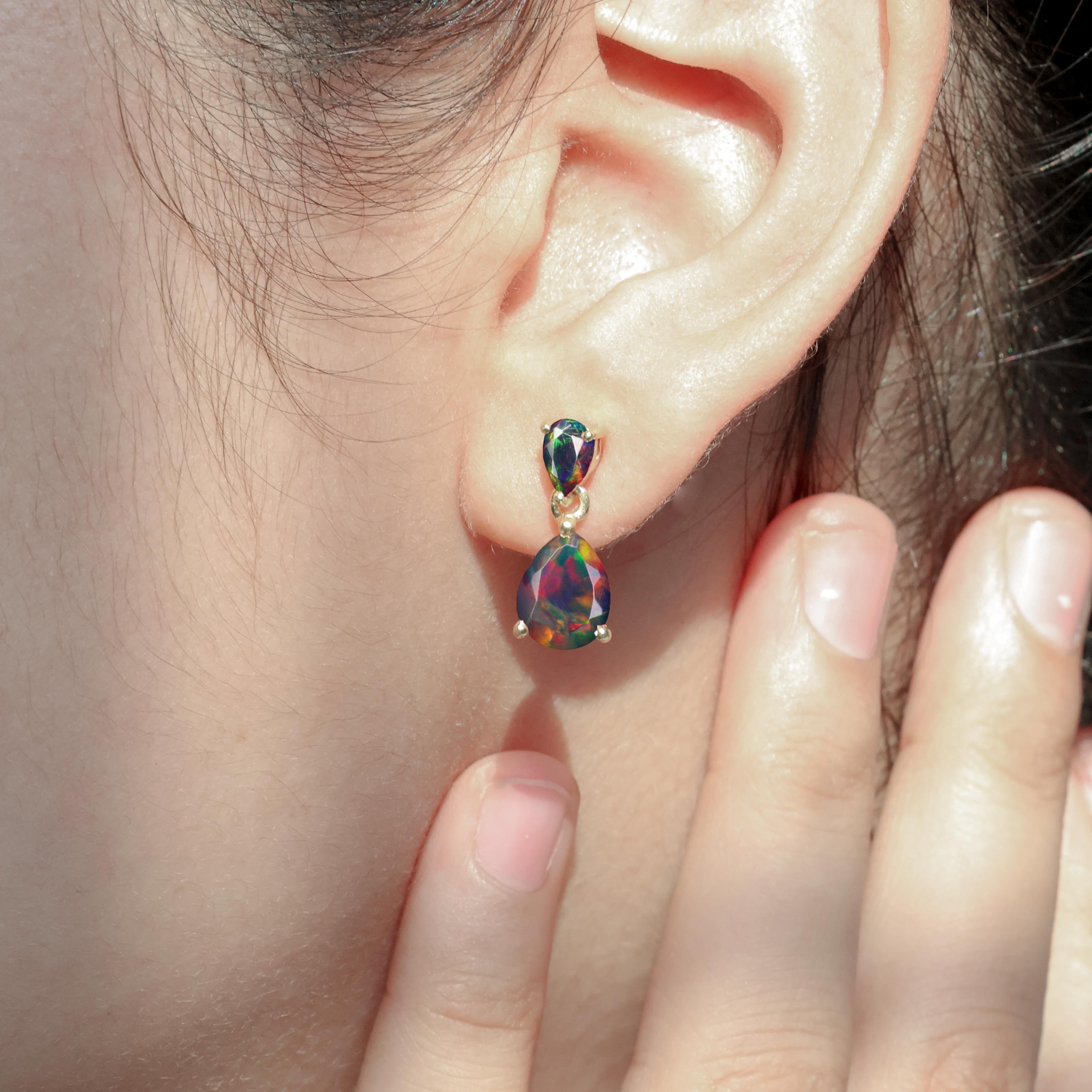 Black Dual Opal Pear Drop Stud Earrings