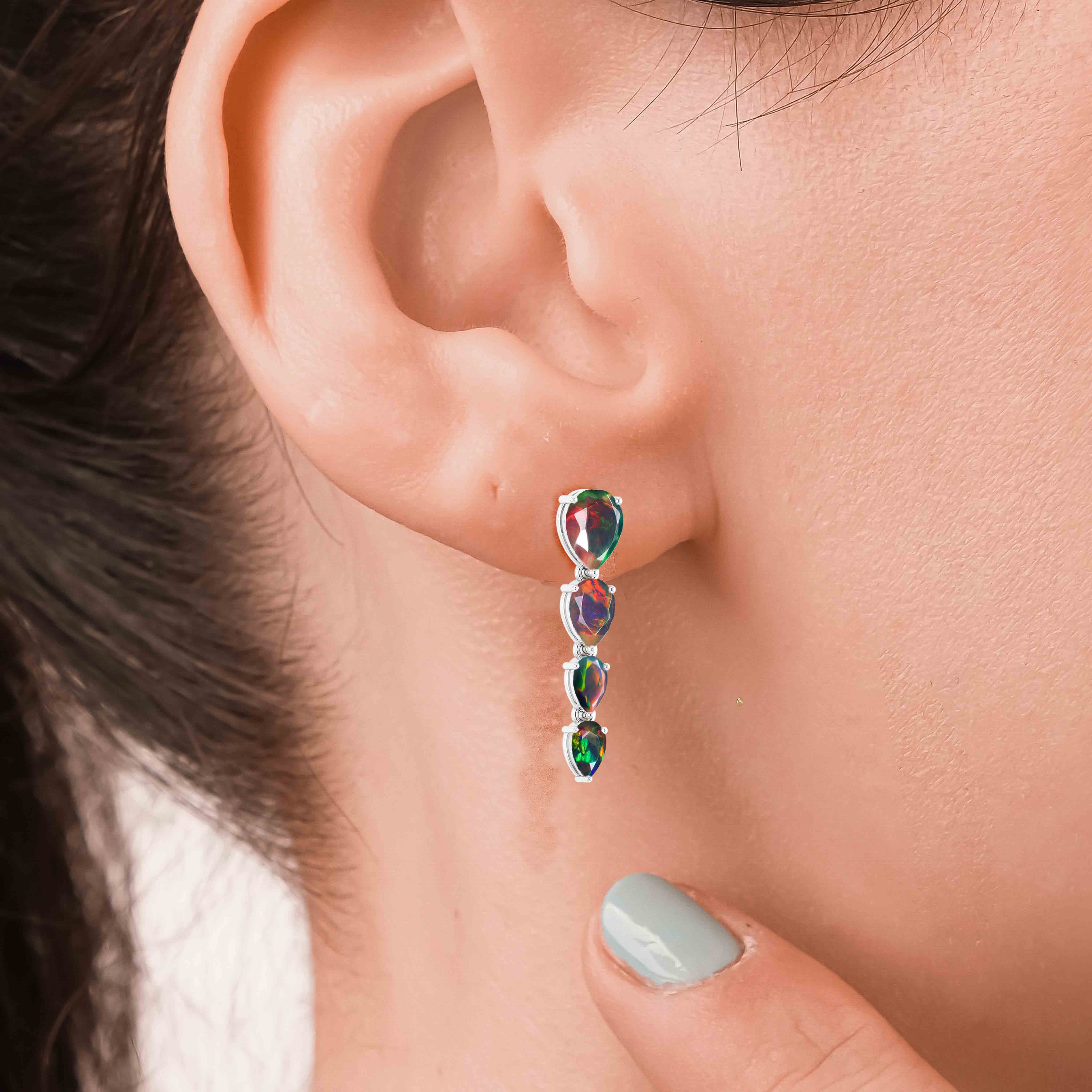Black Multifire Opal Pear Drop Earrings