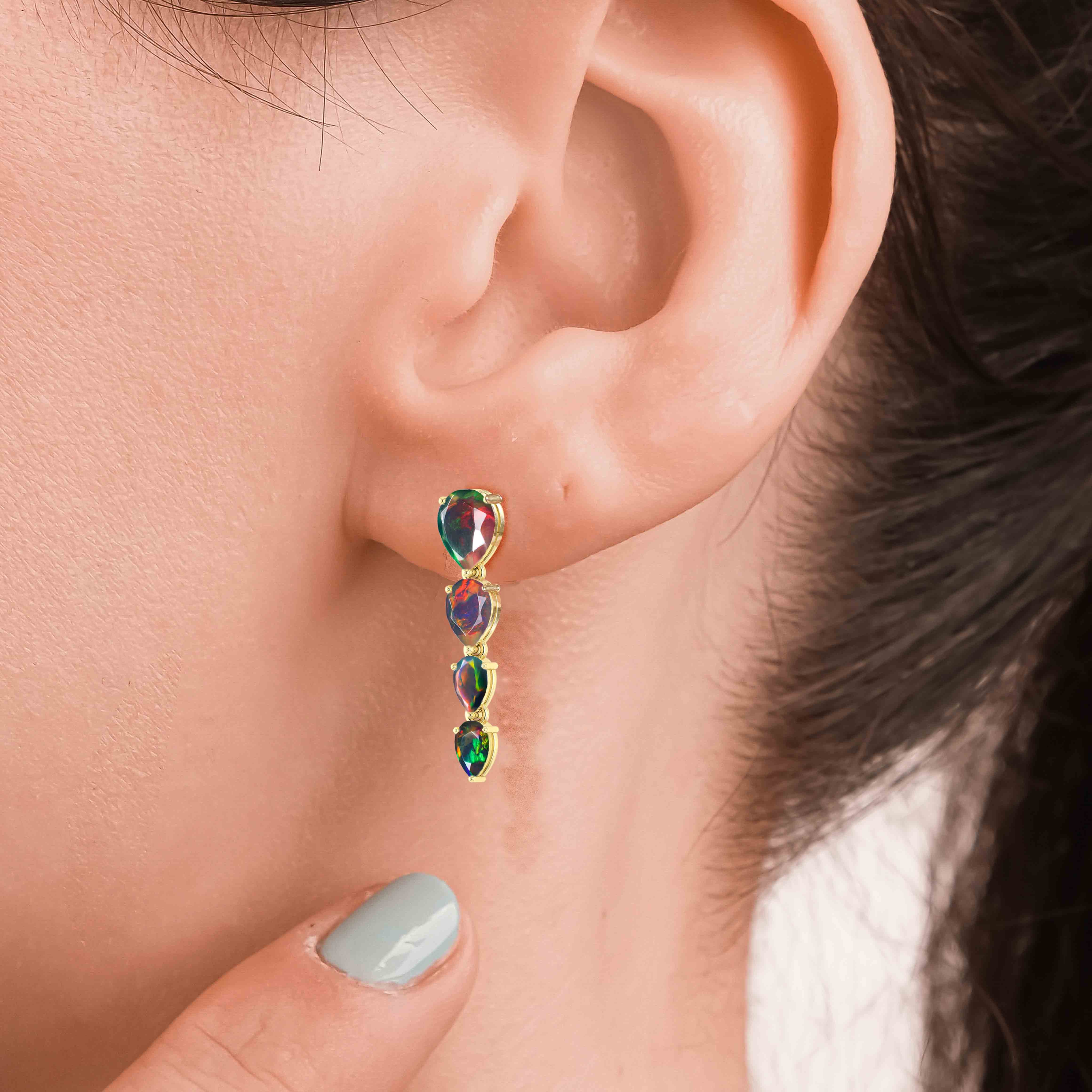 Black Multifire Opal Pear Drop Earrings