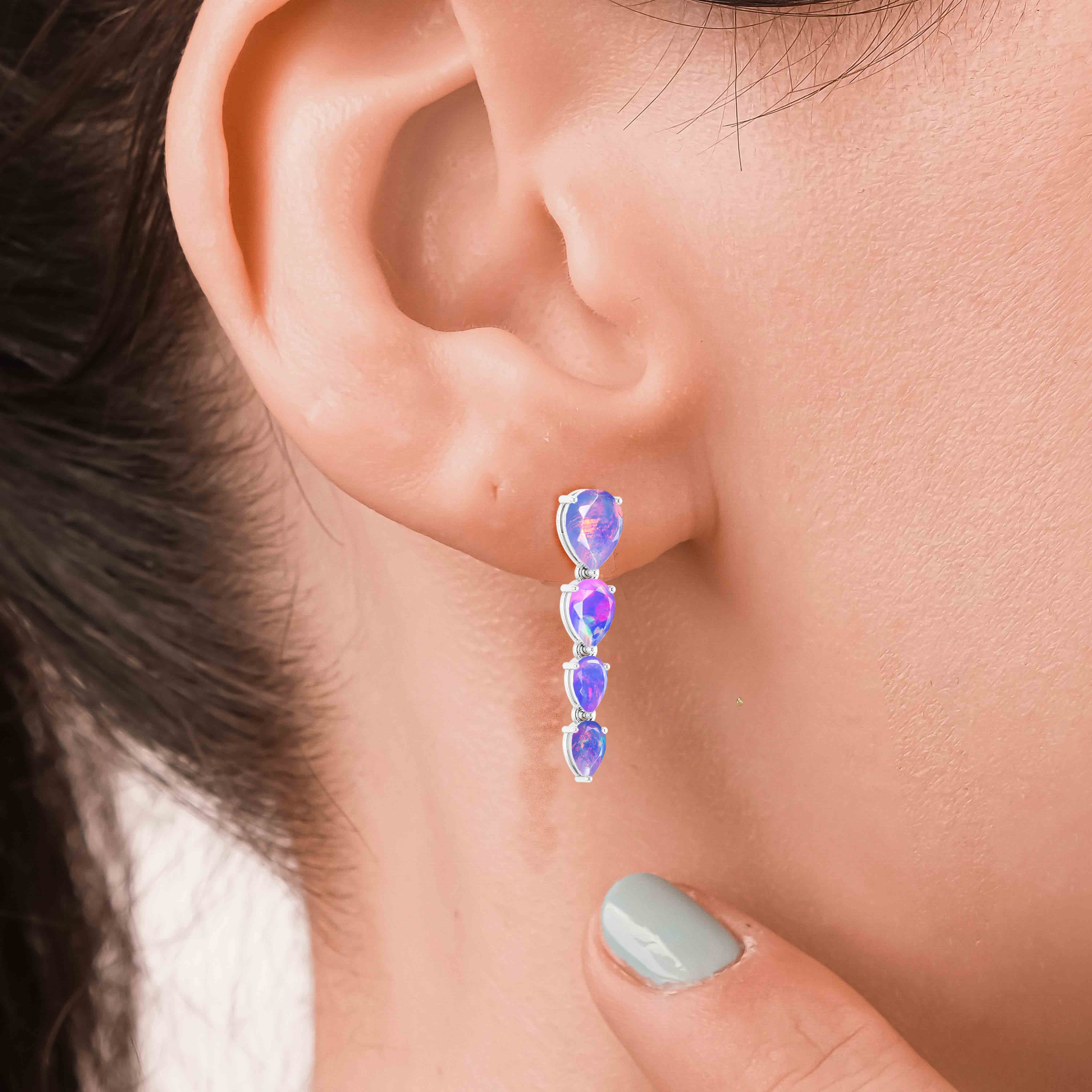 Lavender Multifire Opal Pear Drop Earrings