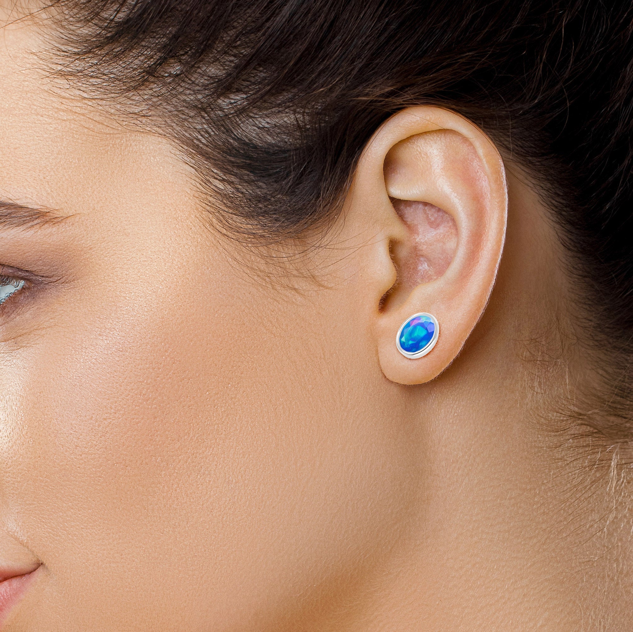 White Multi Fire Oval Opal Stud Earring