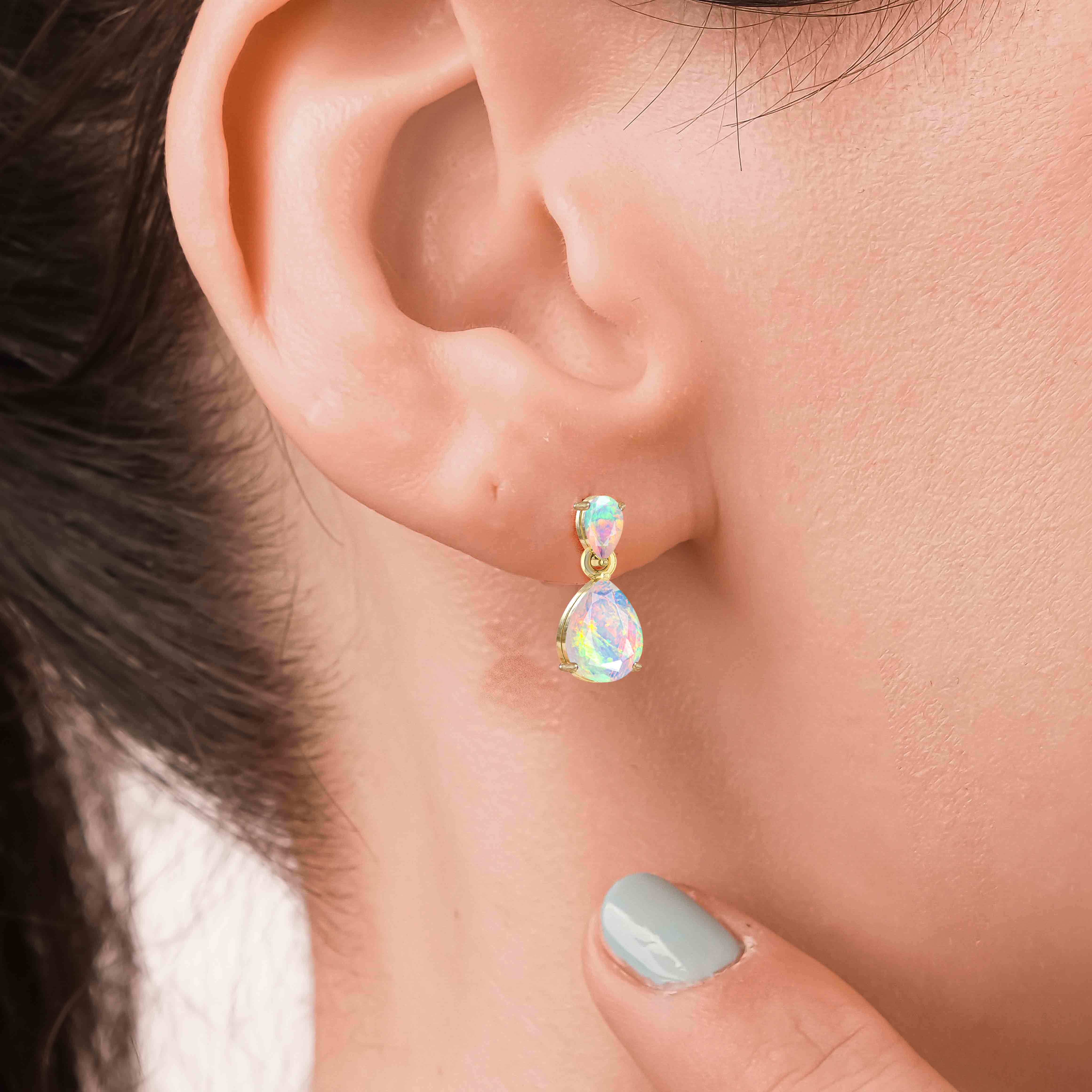 White Dual Opal Pear Drop Stud Earrings