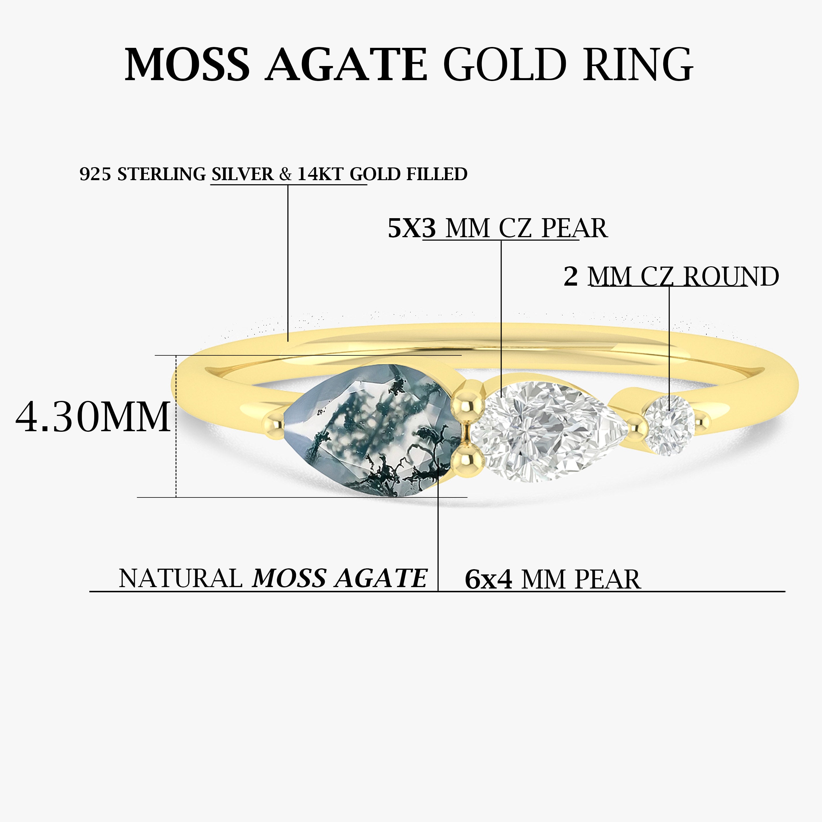 Genuine Moss Agate Pear Three Stone Ring