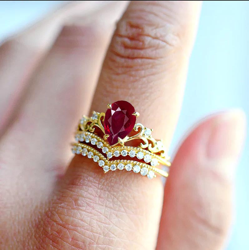 Genuine Red Ruby Gemstone Crown Style Ring