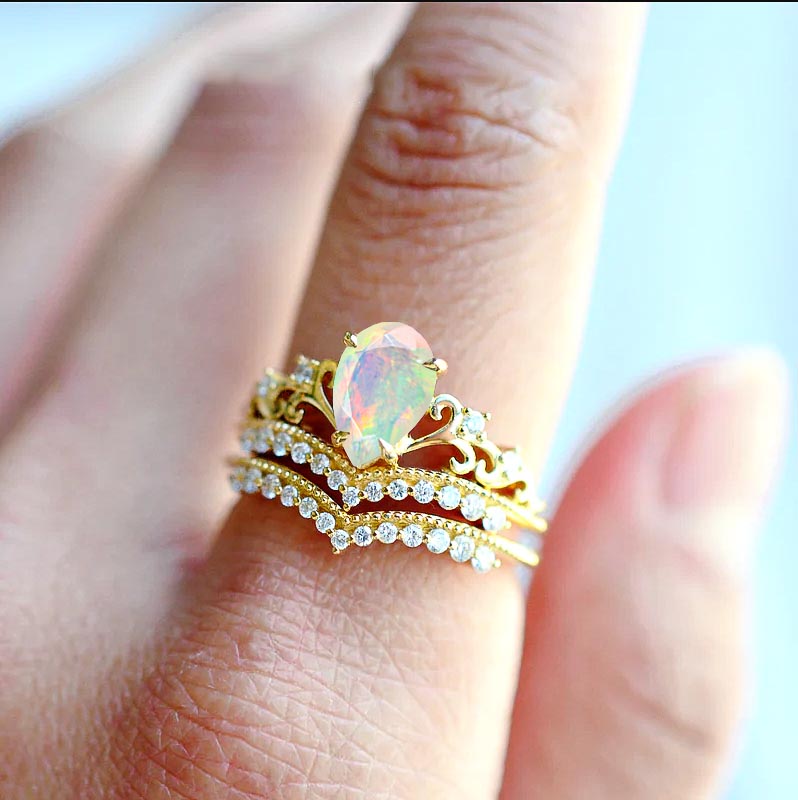 White Ethiopian Opal Gemstone Crown Style Ring