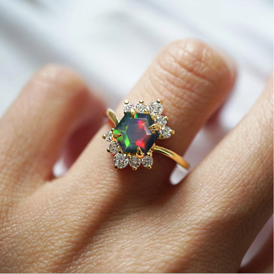 Natural Black Opal Hexagon Gemstone Ring