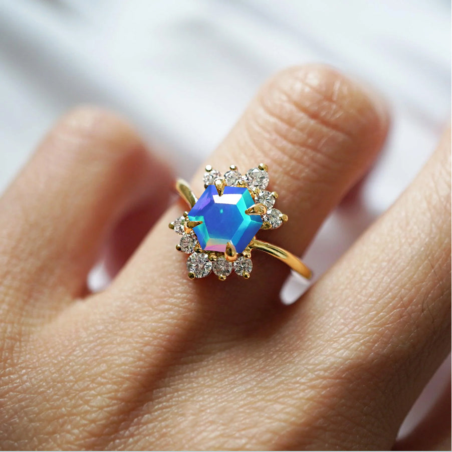 Natural Blue Opal Hexagon Gemstone Ring