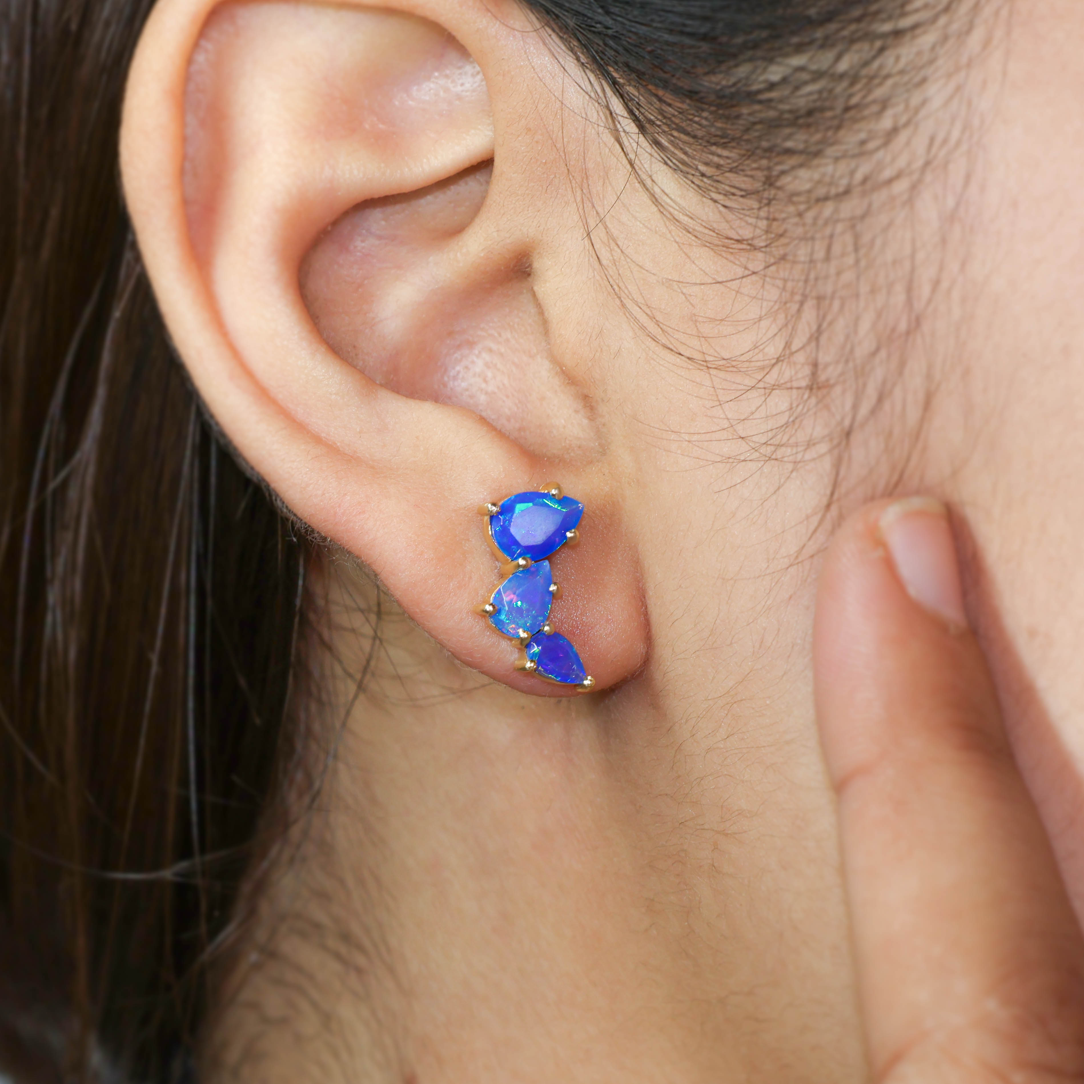 Blue Opal Pear Horn Style Stud Earrings