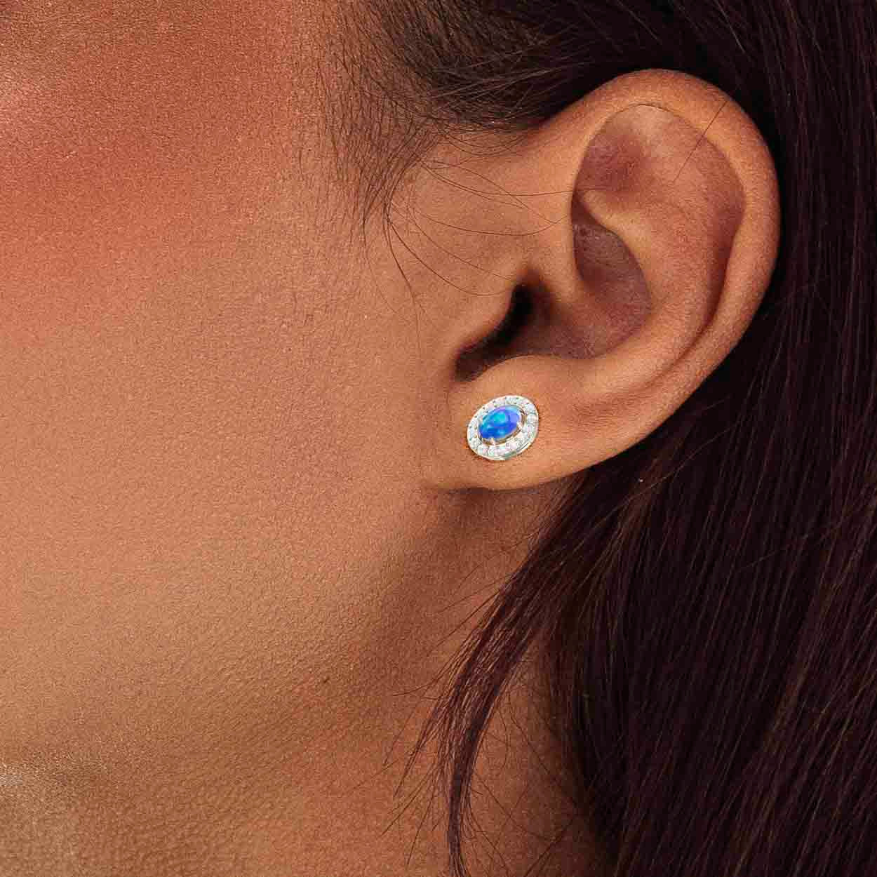 Blue Opal Gemstone Oval Style Stud Earring