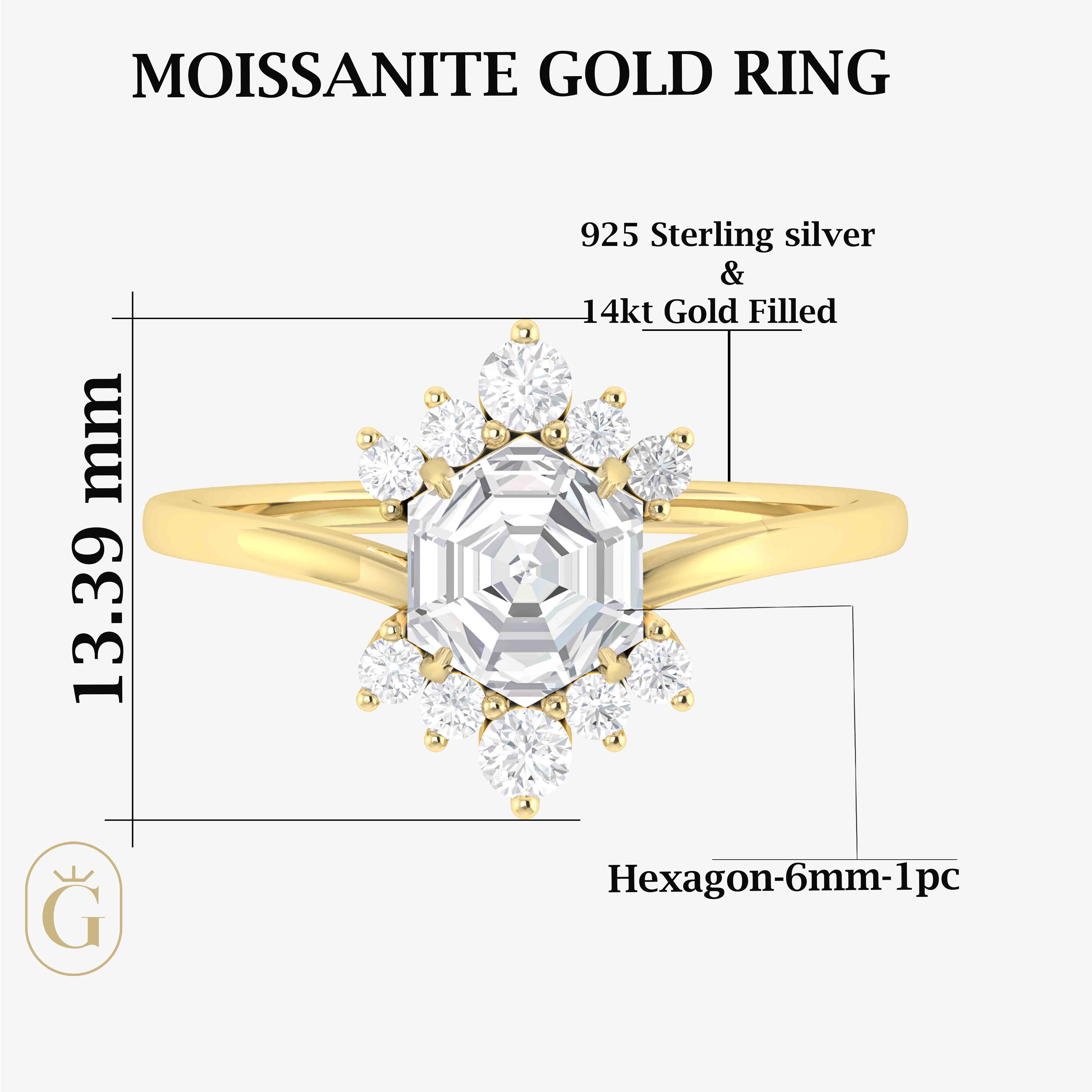 Natural Moissanite Hexagon Gemstone Ring