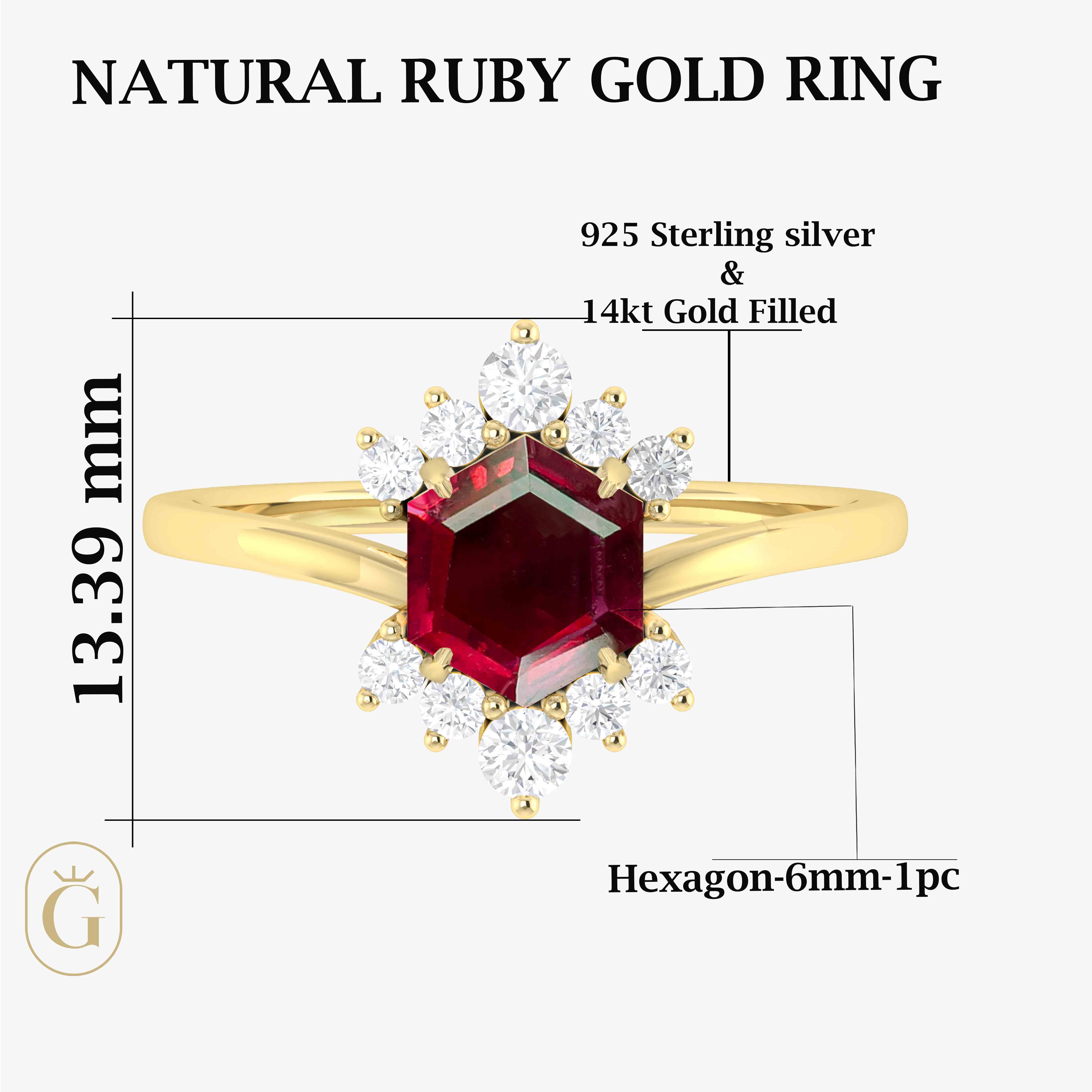 Natural Red Ruby Hexagon Gemstone Ring