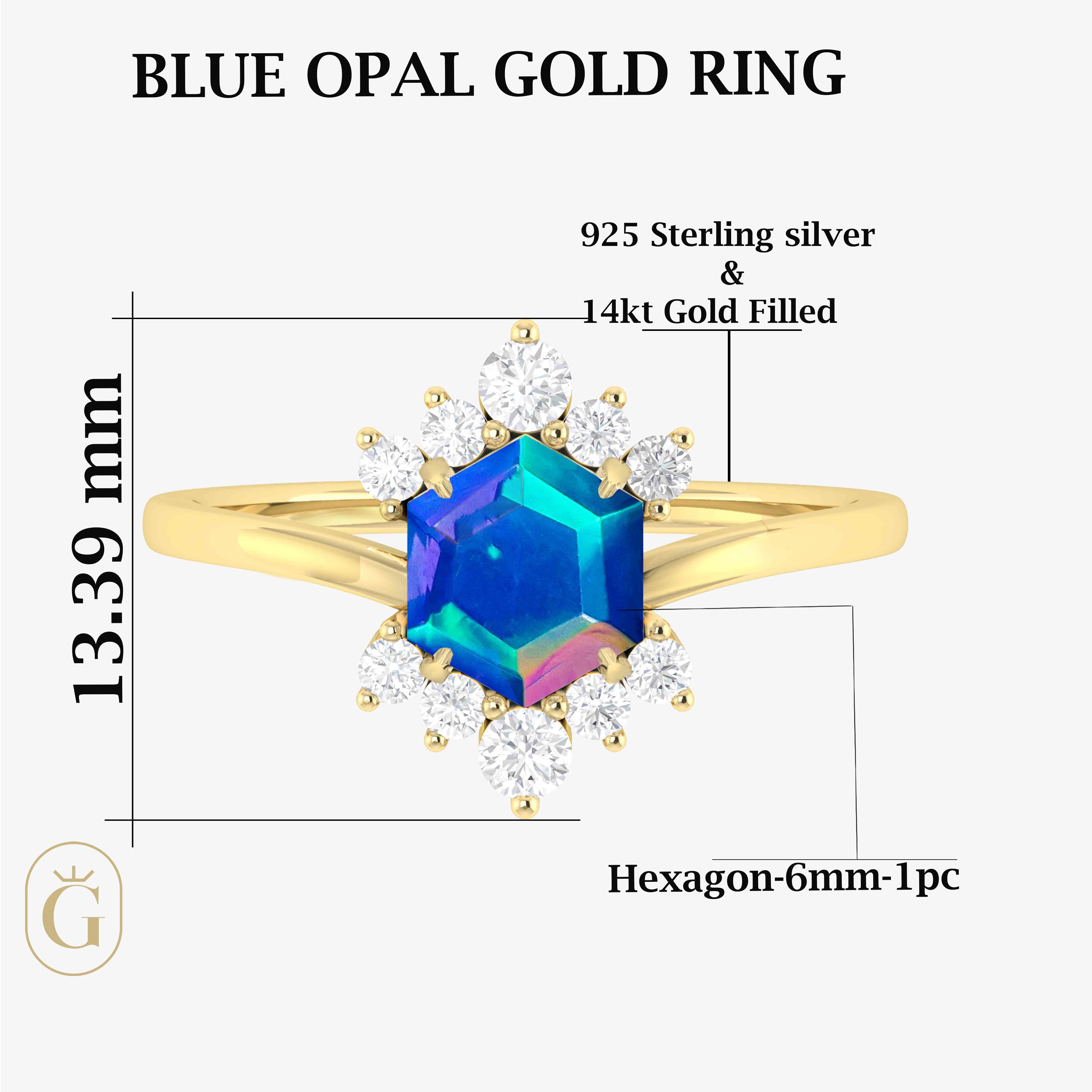 Natural Blue Opal Hexagon Gemstone Ring