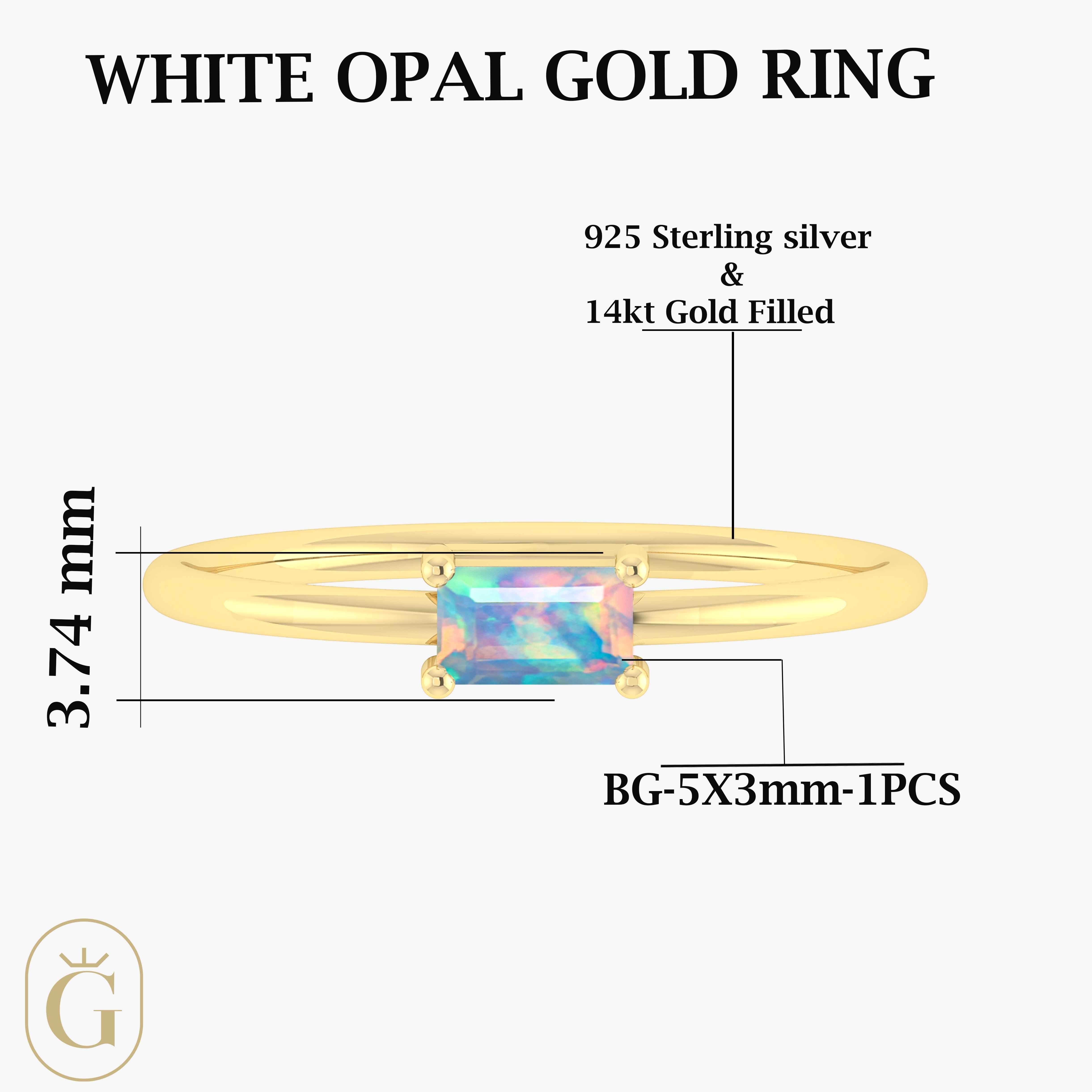 White Fire Opal Baguette Gemstone Minimalist Ring