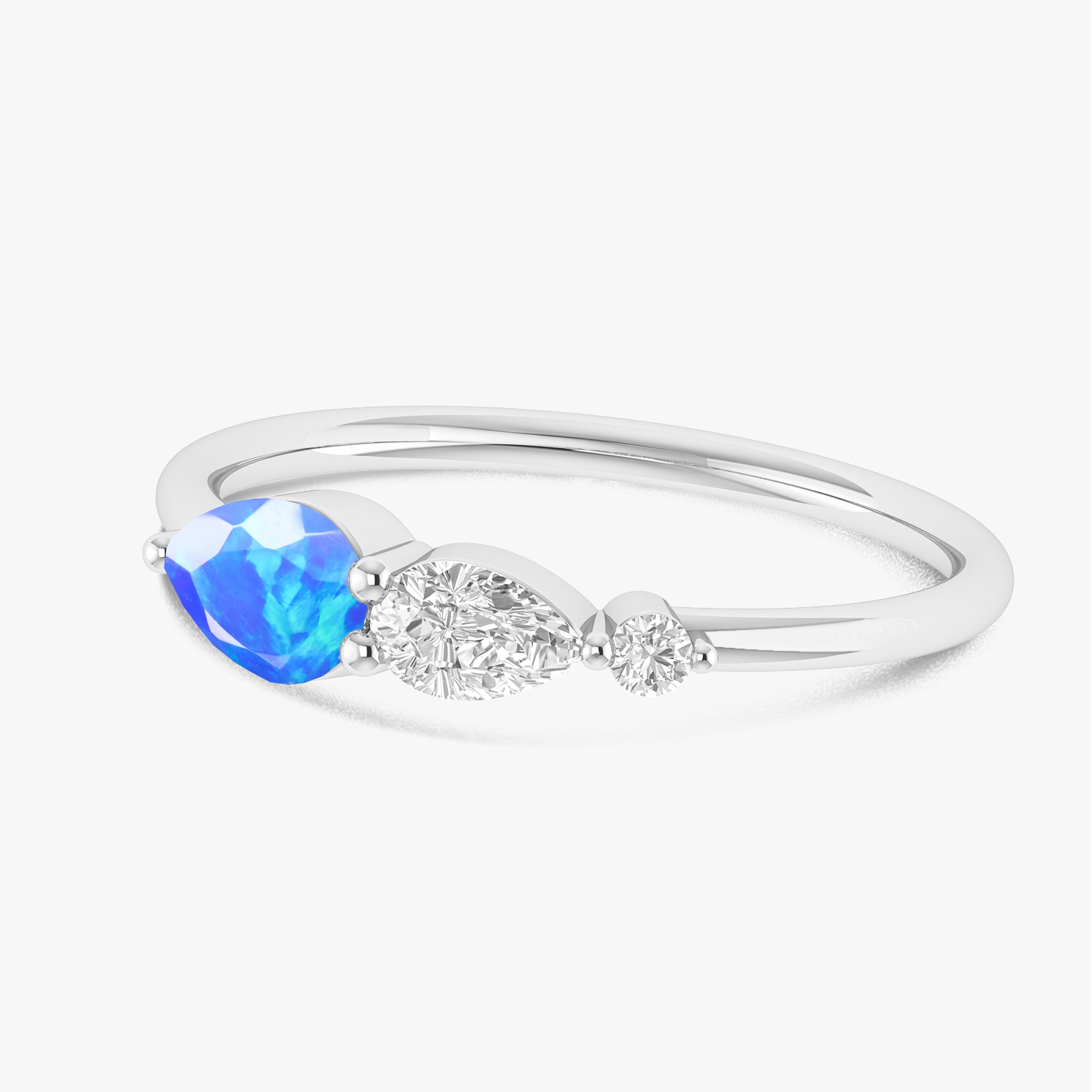 Blue Fire Opal Pear Three Stone Ring
