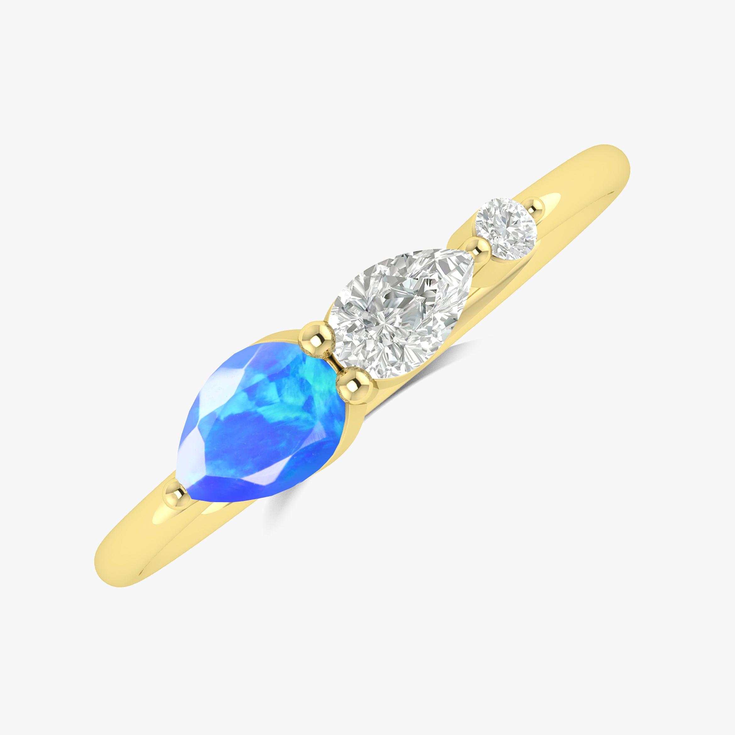 Blue Fire Opal Pear Three Stone Ring