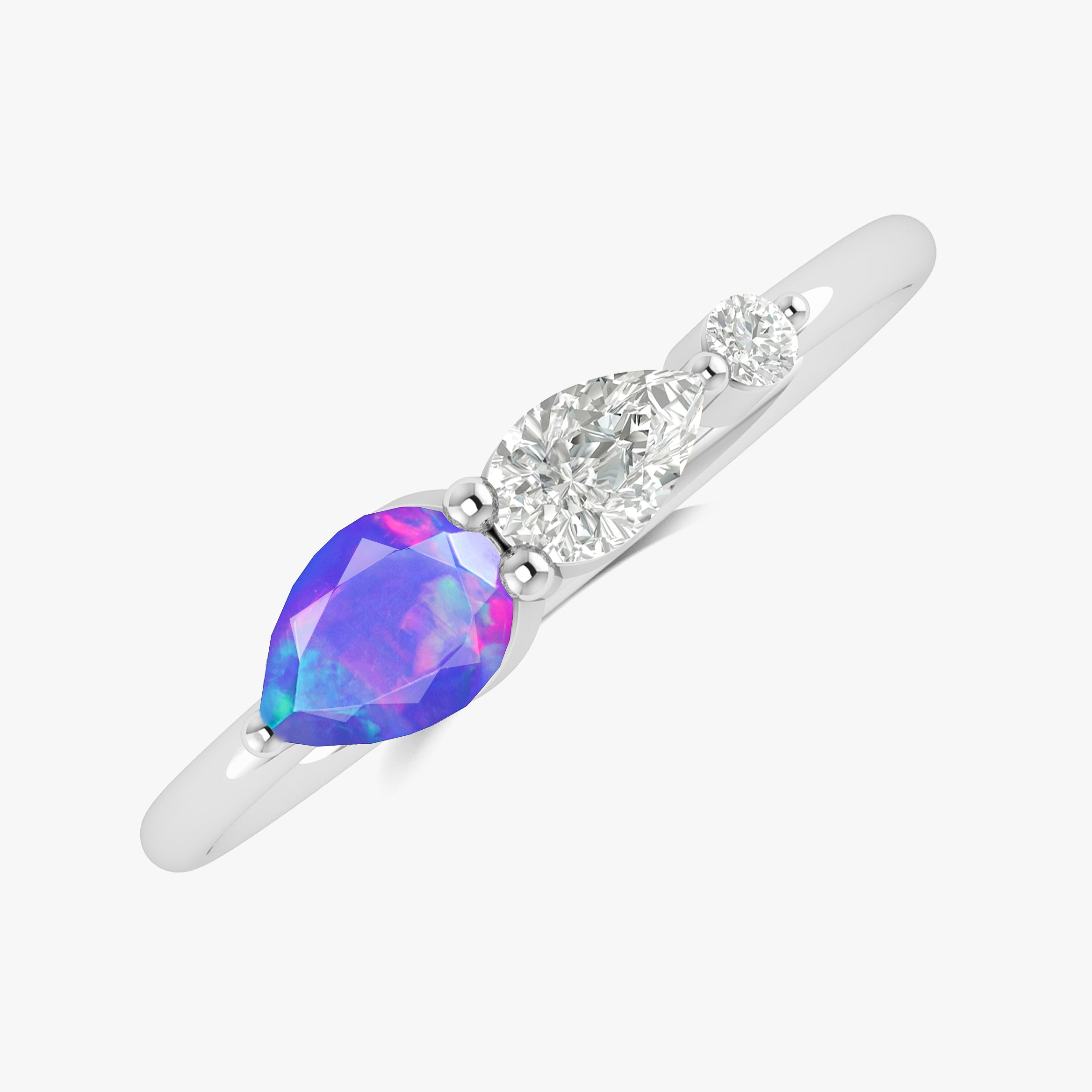 Lavender Fire Opal Pear Three Stone Ring