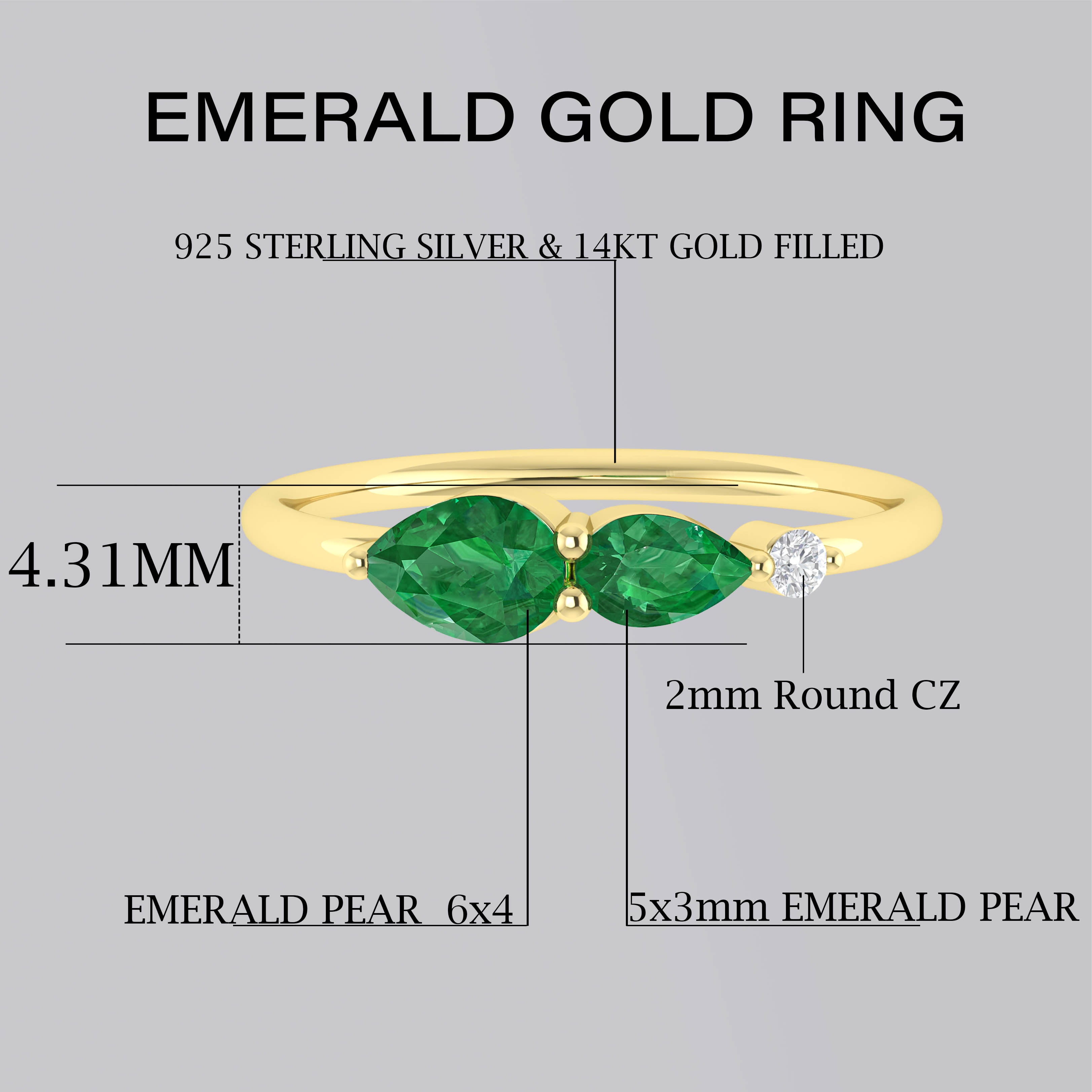 Green Emerald Pear Three Stone Ring