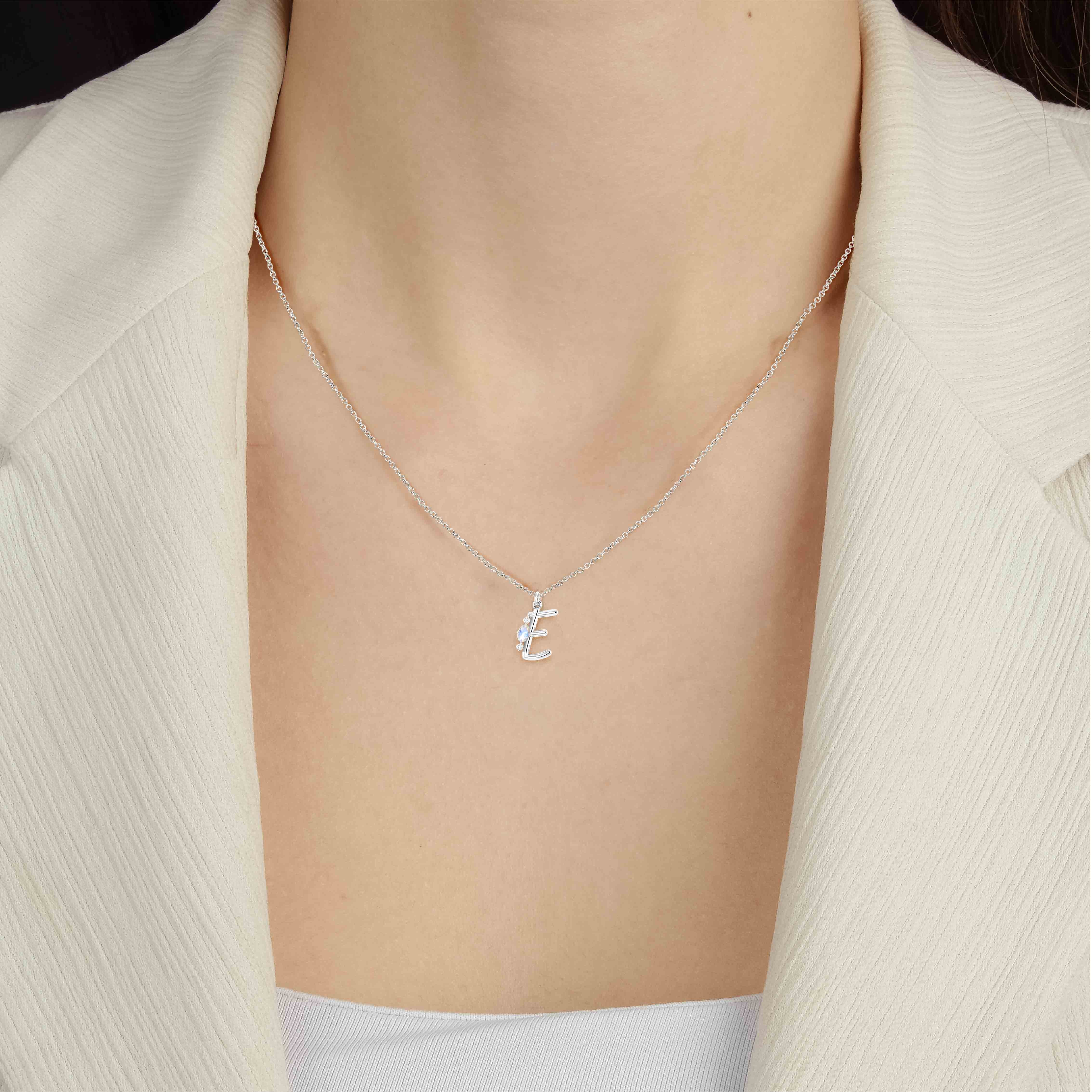 Rainbow Moonstone Capital "E" Initial Necklace