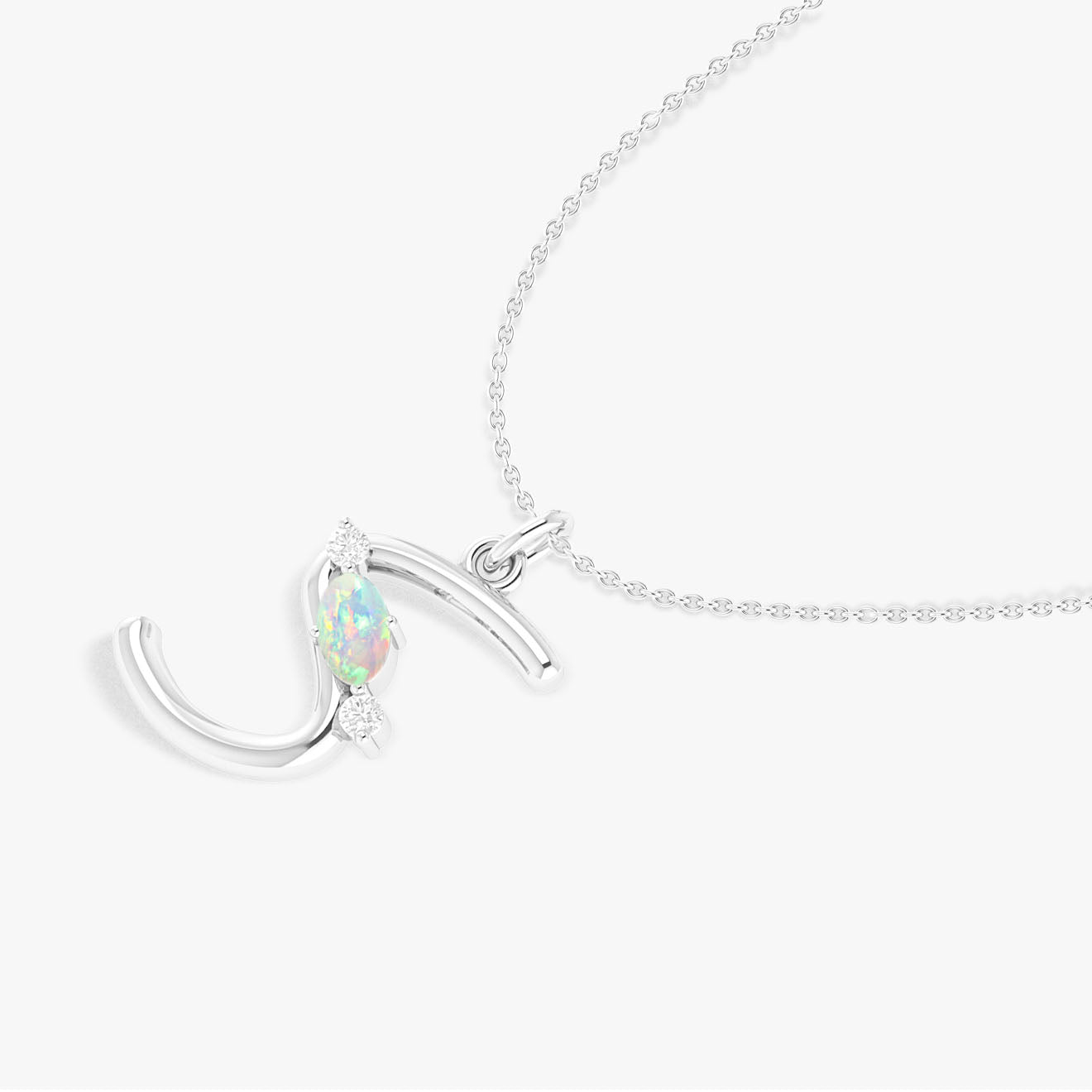 White Opal Gemstone Capital "S" Initial Necklace