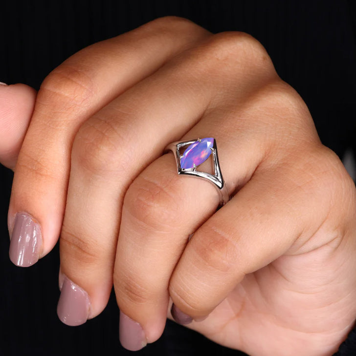 Dainty Marquise Lavender fire Ethiopian opal ring