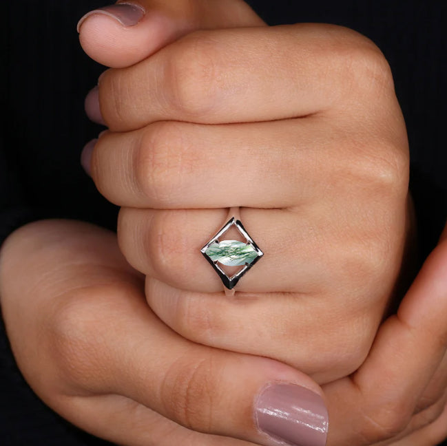 Dainty Marquise Shape Moss Agate Handcrafted ring