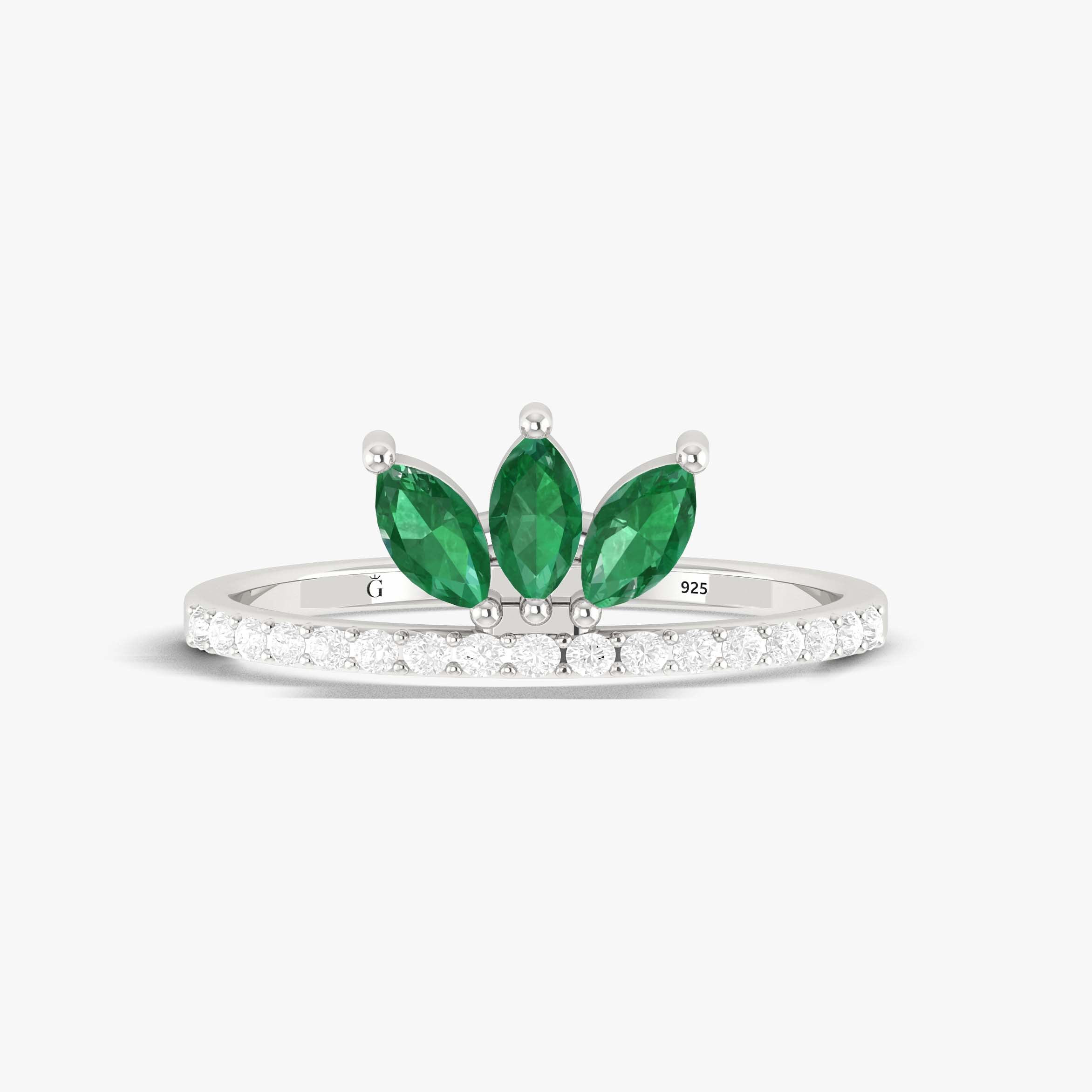 3 Marquise Lab Grown Green Emerald Engagement ring