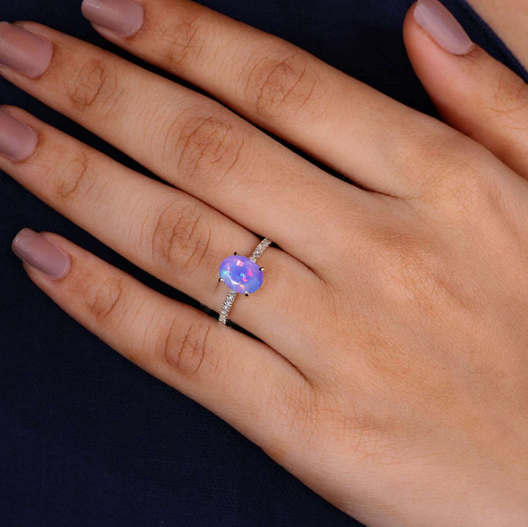 Oval Lavender fire Ethiopian opal wedding ring