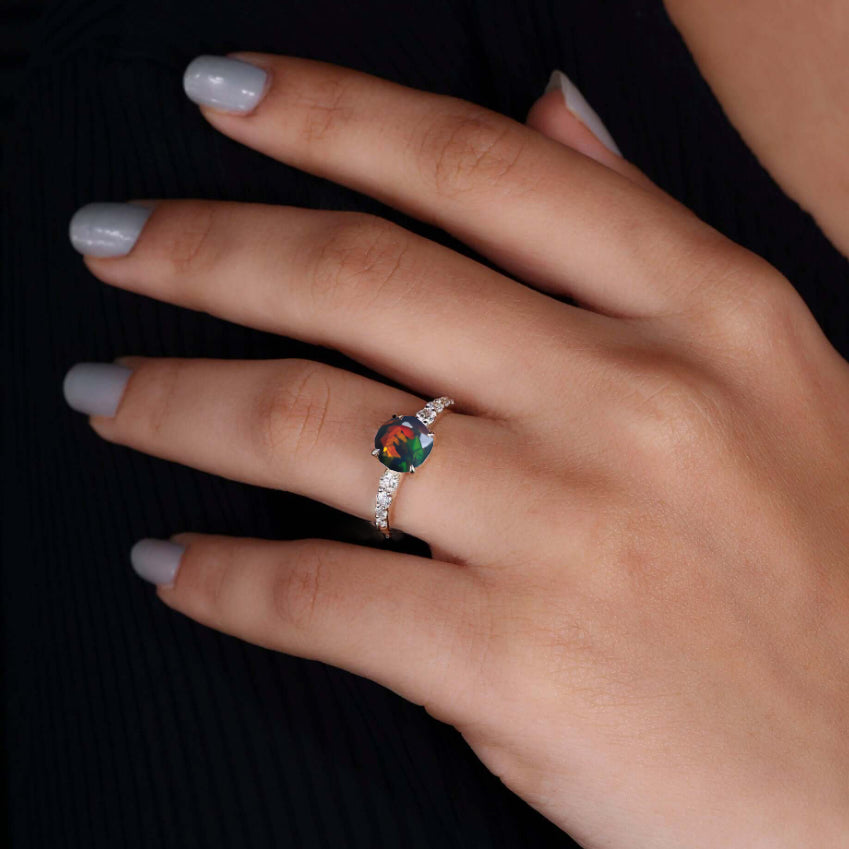 Dainty round Black fire Ethiopian opal wedding ring