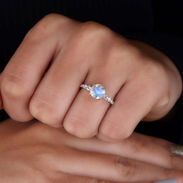 Round Moonstone with round Zircon Handcrafted ring