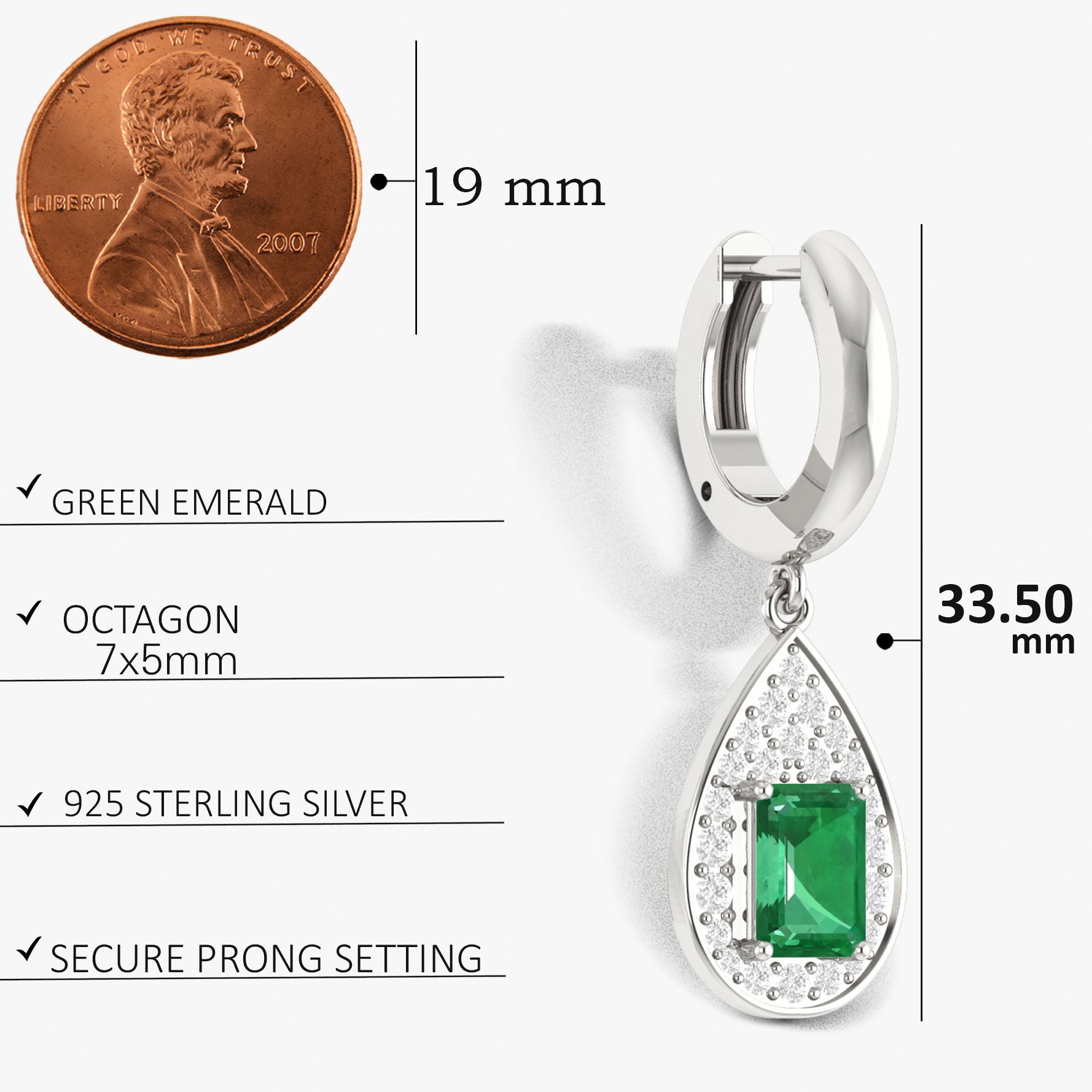 Emerald Octagon Gemstone Drop and Dangle Earring
