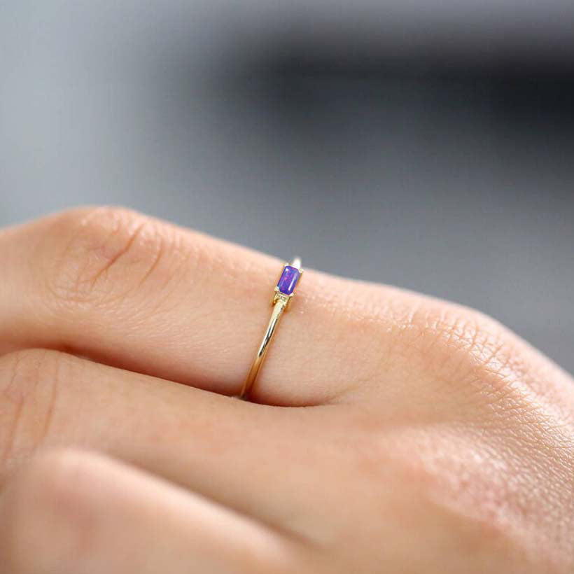 Lavender Fire Opal Baguette Gemstone Minimalist Ring